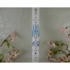 Kommunionkerze Taufkerze lang Jungen Lebensbaum blau silber Baum des Lebens Kreuz Fisch Alfa Omega Name Datum individualisierbar 400/40 mm