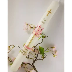 Kommunionkerze Taufkerze lang Mädchen Lebensbaum rosa gold Baum des Lebens Kreuz  Name Datum individualisierba
