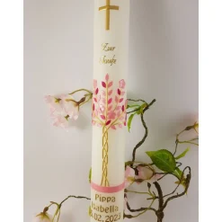 Kommunionkerze Taufkerze lang Mädchen Lebensbaum rosa gold Baum des Lebens Kreuz  Name Datum individualisierba