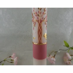 Kommunionkerze Taufkerze lang Mädchen Lebensbaum rosa gold Baum des Lebens Kreuz Regenbogen Name Datum individualisierbar 400/50 mm