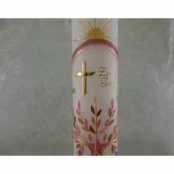 Kommunionkerze Taufkerze lang Mädchen Lebensbaum rosa gold Baum des Lebens Kreuz Regenbogen Name Datum individualisierbar 400/50 mm