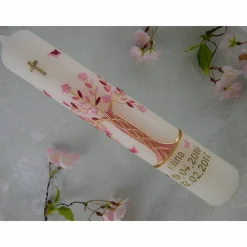 Kommunionkerze Taufkerze lang Mädchen Lebensbaum rosa gold Baum des Lebens Kreuz Schmetterlinge Name Datum individualisierbar 300/50 mm