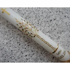 Kommunionkerze Taufkerze lang Mädchen Lebensbaum  gold Baum des Lebens Kreuz Regenbogen Name Datum individualisierbar 400/40 mm