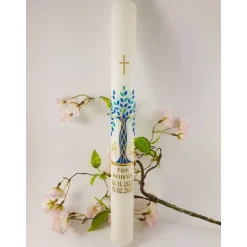 Kommunionkerze Taufkerze lang Mädchen Jungen Lebensbaum blau mint gold Baum des Lebens Kreuz Regenbogen Name Datum