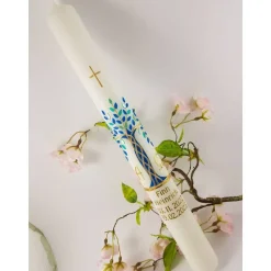 Kommunionkerze Taufkerze lang Mädchen Jungen Lebensbaum blau mint gold Baum des Lebens Kreuz Regenbogen Name Datum