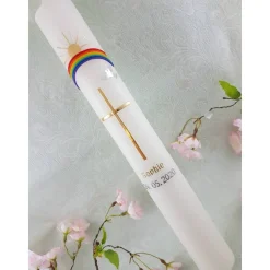 Kommunionkerze Taufkerze lang Jungen Mädchen Kreuz Regenbogen Sonne bunt 400/40 mm Name Datum individualisierbar