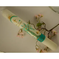 Kommunionkerze Taufkerze lang Mädchen Lebensbaum grün gold Baum des Lebens Kreuz Regenbogen Name Datum individualisierba