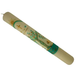 Kommunionkerze Taufkerze lang Mädchen Lebensbaum grün gold Baum des Lebens Kreuz Regenbogen Name Datum individualisierba