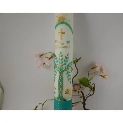 Kommunionkerze Taufkerze lang Mädchen Lebensbaum grün gold Baum des Lebens Kreuz Regenbogen Name Datum individualisierba