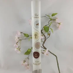 Kommunionkerze Taufkerze lang christliche Symbole Mädchen Jungen Name Datum individualisierbar 400/40 mm