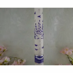 Kommunionkerze Taufkerze lang Mädchen Lebensbaum lila silber Baum des Lebens Kreuz Schmetterlinge Name Datum individualisierbar 400/40 mm