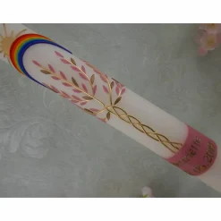 Kommunionkerze Taufkerze lang Mädchen Lebensbaum rosa gold Baum des Lebens Kreuz Regenbogen Name Datum individualisierbar 400/40 mm