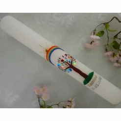Kommunionkerze Taufkerze lang Mädchen Lebensbaum rosa gold Baum des Lebens Kreuz Regenbogen Name Datum individualisierbar 400/50 mm