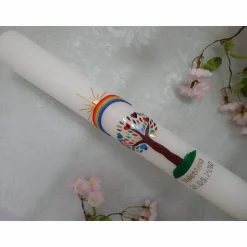 Kommunionkerze Taufkerze lang Mädchen Lebensbaum rosa gold Baum des Lebens Kreuz Regenbogen Name Datum individualisierbar 400/50 mm