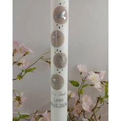Kommunionkerze Taufkerze lang christliche Symbole Mädchen Jungen Name Datum individualisierbar 400/40 mm