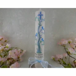 Kommunionkerze Taufkerze lang Mädchen Ranke blau silber Vogelchen Kreuz  Schleife Name Datum individualisierbar 300/50 mm
