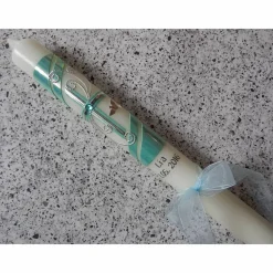 Kommunionkerze Taufkerze lang Mädchen Jungen grün irisierend silber Kreuz Taube Schleife Name Datum individualisierbar 300/50 mm oder 400/40 mm