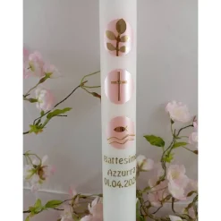 Kommunionkerze Taufkerze lang christliche Symbole Fisch Kreuz Baum Mädchen  Name Datum individualisierbar 400/40 mm