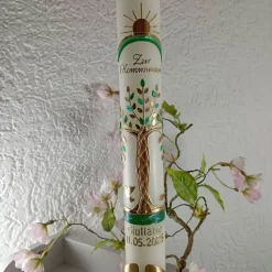 Kommunionkerze Taufkerze lang Lebensbaum Baum Jungen Name Datum individualisierbar 400/40 mm