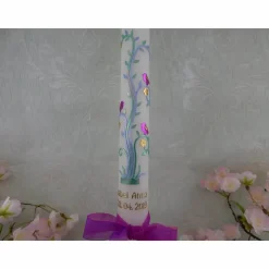 Kommunionkerze Taufkerze lang Mädchen Ranke blau rosa gold Vogelchen Kreuz  Schleife Name Datum individualisierbar 400/40 mm