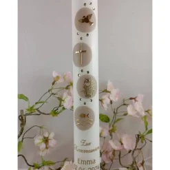 Kommunionkerze Taufkerze lang christliche Symbole Mädchen Jungen Name Datum individualisierbar 400/40 mm