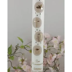 Kommunionkerze Taufkerze lang christliche Symbole Mädchen Jungen Name Datum individualisierbar 400/40 mm