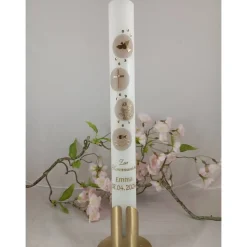 Kommunionkerze Taufkerze lang christliche Symbole Mädchen Jungen Name Datum individualisierbar 400/40 mm