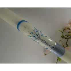 Kommunionkerze Taufkerze lang Jungen Lebensbaum silber blau Baum des Lebens Kreuz Regenbogen Name Datum
