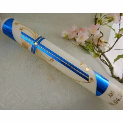 Kommunionkerze Taufkerze lang Mädchen Jungen blau gold Kreuz Taube Schleife Name Datum individualisierbar 300/50 mm oder 400/40 mm