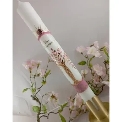 Kommunionkerze Taufkerze lang Mädchen Lebensbaum rosagold Baum des Lebens Kreuz Regenbogen Name Datum individualis