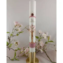 Kommunionkerze Taufkerze lang Mädchen Lebensbaum rosagold Baum des Lebens Kreuz Regenbogen Name Datum individualis
