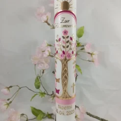 Kommunionkerze Taufkerze lang Mädchen Lebensbaum rosagold Baum des Lebens Kreuz Regenbogen Name Datum Design KKR2040