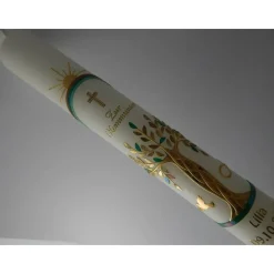 Kommunionkerze Taufkerze lang Jungen Lebensbaum gold grün Baum des Lebens Kreuz Regenbogen Name Datum