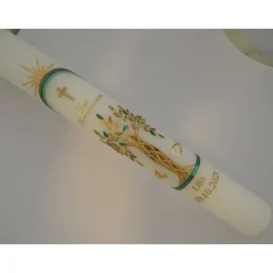 Kommunionkerze Taufkerze lang Jungen Lebensbaum gold grün Baum des Lebens Kreuz Regenbogen Name Datum