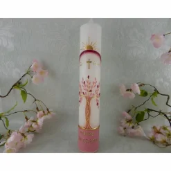 Kommunionkerze Taufkerze lang Mädchen Lebensbaum rosa gold Baum des Lebens Kreuz Regenbogen Name Datum individualisierbar