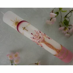 Kommunionkerze Taufkerze lang Mädchen Lebensbaum rosa gold Baum des Lebens Kreuz Regenbogen Name Datum individualisierbar