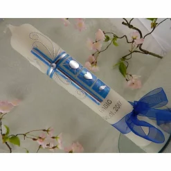 Kommunionkerze Taufkerze lang Mädchen Jungen blau silber Kreuz Taube Schleife Name Datum individualisierbar 300/50 mm oder 400/40 mm