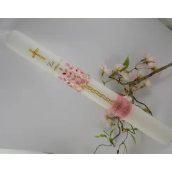 Kommunionkerze Taufkerze lang Mädchen Lebensbaum rosa gold Baum des Lebens Kreuz Regenbogen Name Datum individualisierbar 400/40 mm