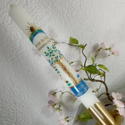 Kommunionkerze Taufkerze lang Mädchen Jungen Lebensbaum blau grün gold Baum des Lebens Kreuz Regenbogen Name Datum