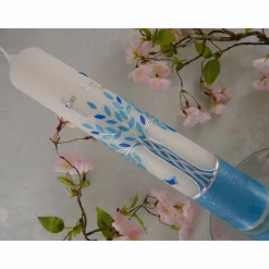 Kommunionkerze Taufkerze lang Jungen Lebensbaum blau silber Baum des Lebens Kreuz Schmetterlinge Name Datum individualisierbar 300/50 mm