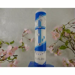 Kommunionkerze Taufkerze lang Mädchen Jungen blau silber Kreuz Taube Schleife Name Datum individualisierbar 300/50 mm oder 400/40 mm