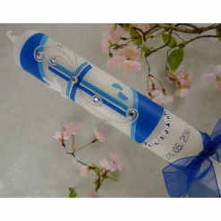 Kommunionkerze Taufkerze lang Mädchen Jungen blau silber Kreuz Taube Schleife Name Datum individualisierbar 300/50 mm oder 400/40 mm