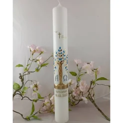 Kommunionkerze Taufkerze lang Mädchen Jungen Lebensbaum gold blau  Baum des Lebens Kreuz Regenbogen Name Datum