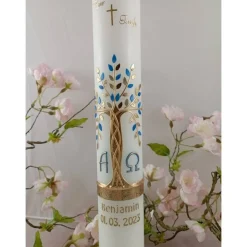 Kommunionkerze Taufkerze lang Mädchen Jungen Lebensbaum gold blau  Baum des Lebens Kreuz Regenbogen Name Datum