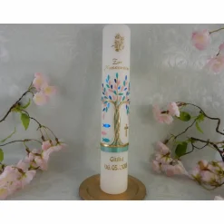 Kommunionkerze Taufkerze lang Mädchen Lebensbaum rosa blau grün gold Baum des Lebens Kreuz Fische Kelch Name Datum individualisierbar