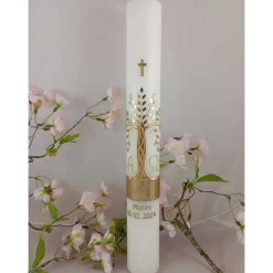 Kommunionkerze Taufkerze lang Mädchen Jungen Lebensbaum gold silber Baum des Lebens Kreuz  Name Datum individualisierbar
