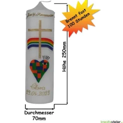 Kommunionkerze Taufkerze „Weites Herz – offene Augen“: Kunstvolles Mosaik aus handgefertigten Echtwachskacheln mit Regen