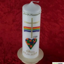 Kommunionkerze Taufkerze „Weites Herz – offene Augen“: Kunstvolles Mosaik aus handgefertigten Echtwachskacheln mit Regen