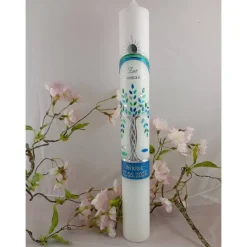 Kommunionkerze Taufkerze lang Mädchen Jungen Lebensbaum blau  mint silber Baum des Lebens Kreuz Regenbogen Name Datum i