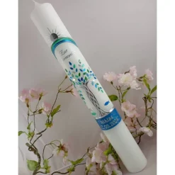 Kommunionkerze Taufkerze lang Mädchen Jungen Lebensbaum blau  mint silber Baum des Lebens Kreuz Regenbogen Name Datum i